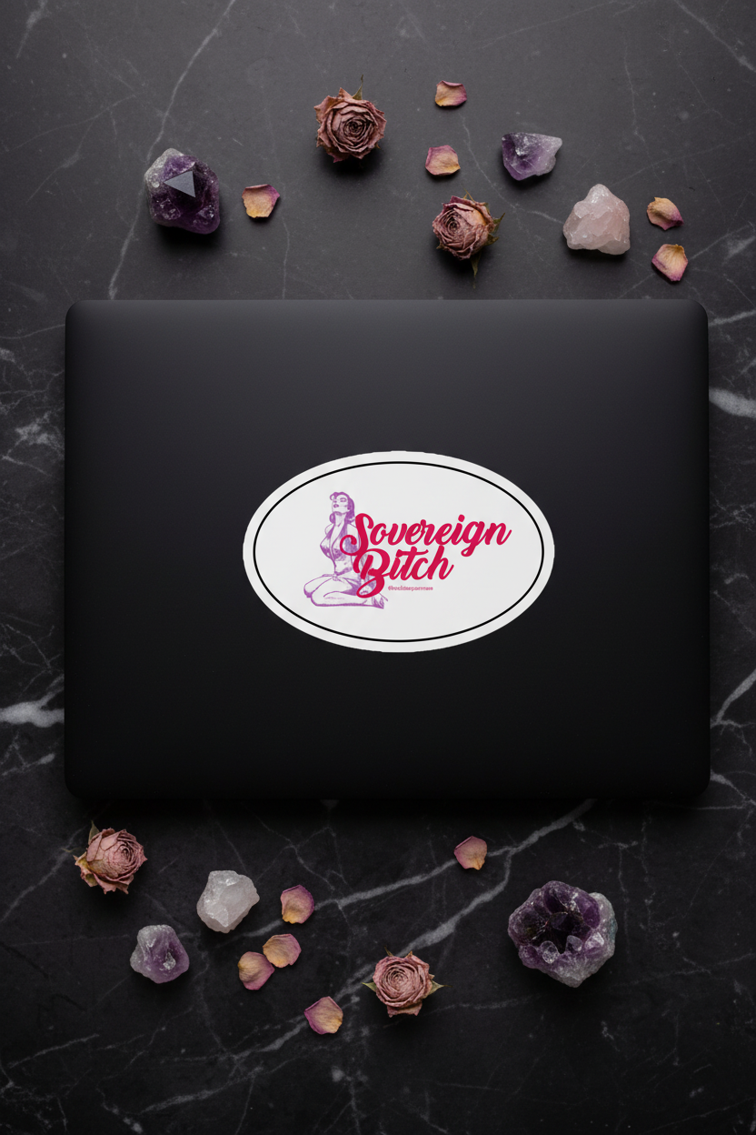 Sovereign Bitch sticker on sleek black laptop lifestyle photo