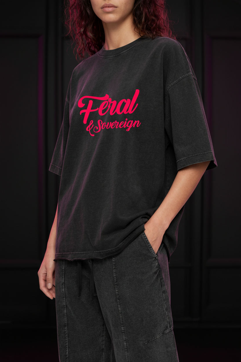 Model wearing Feral & Sovereign Vintage Wash Boxy T-Shirt in dark charcoal black