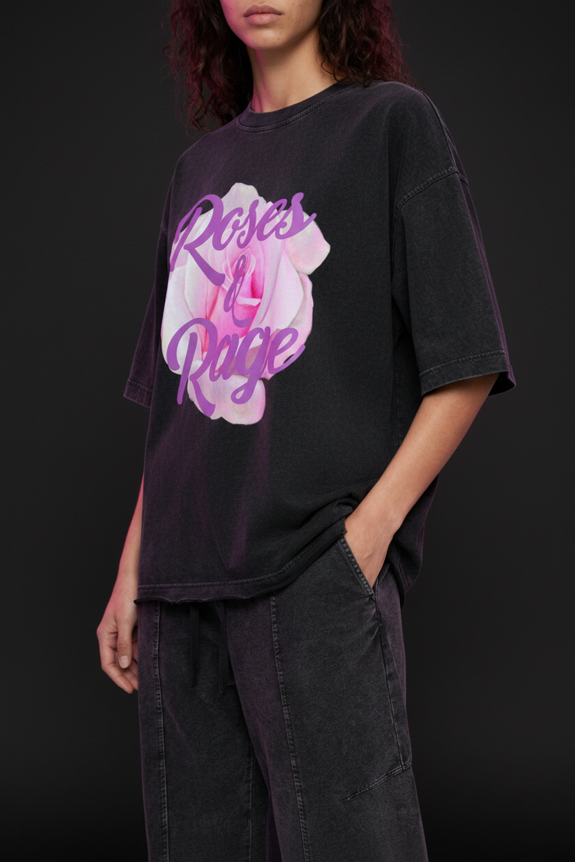 Model wearing Roses & Rage Vintage Wash Boxy T-Shirt in dark charcoal black