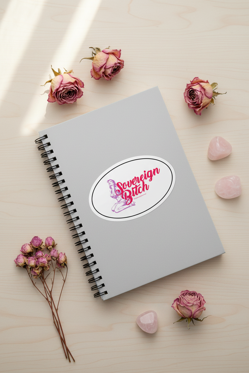 Sovereign Bitch sticker on neutral notebook lifestyle photo