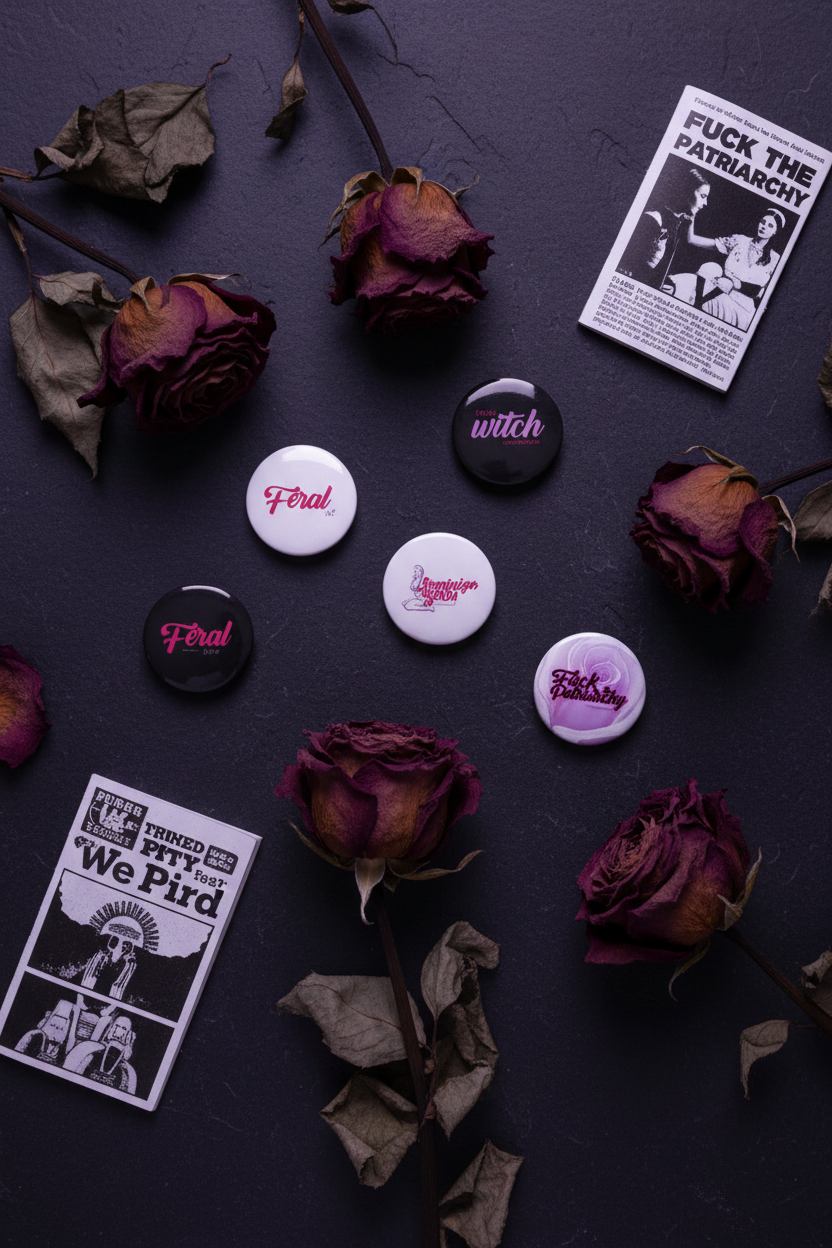 Fuck the Patriarchy pin buttons set lifestyle flat lay photo