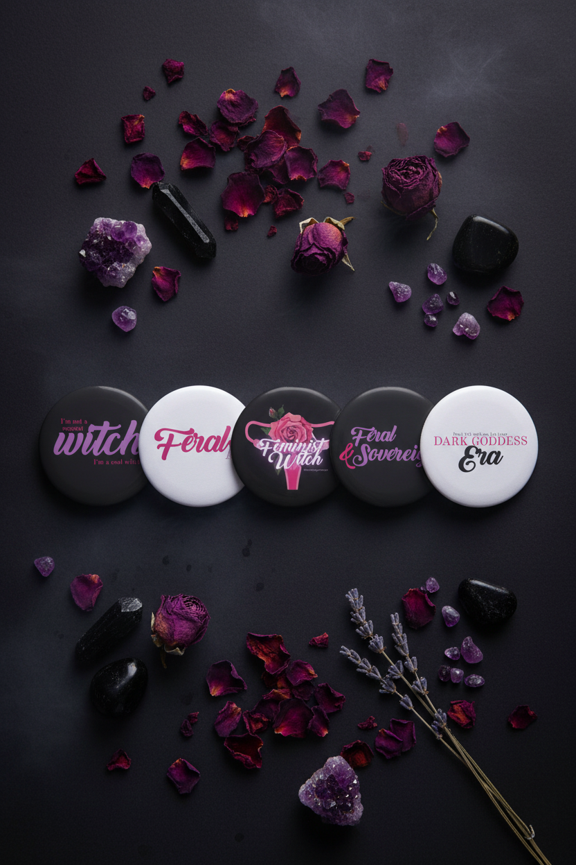 Feral Feminine pin buttons set lifestyle flat lay photo