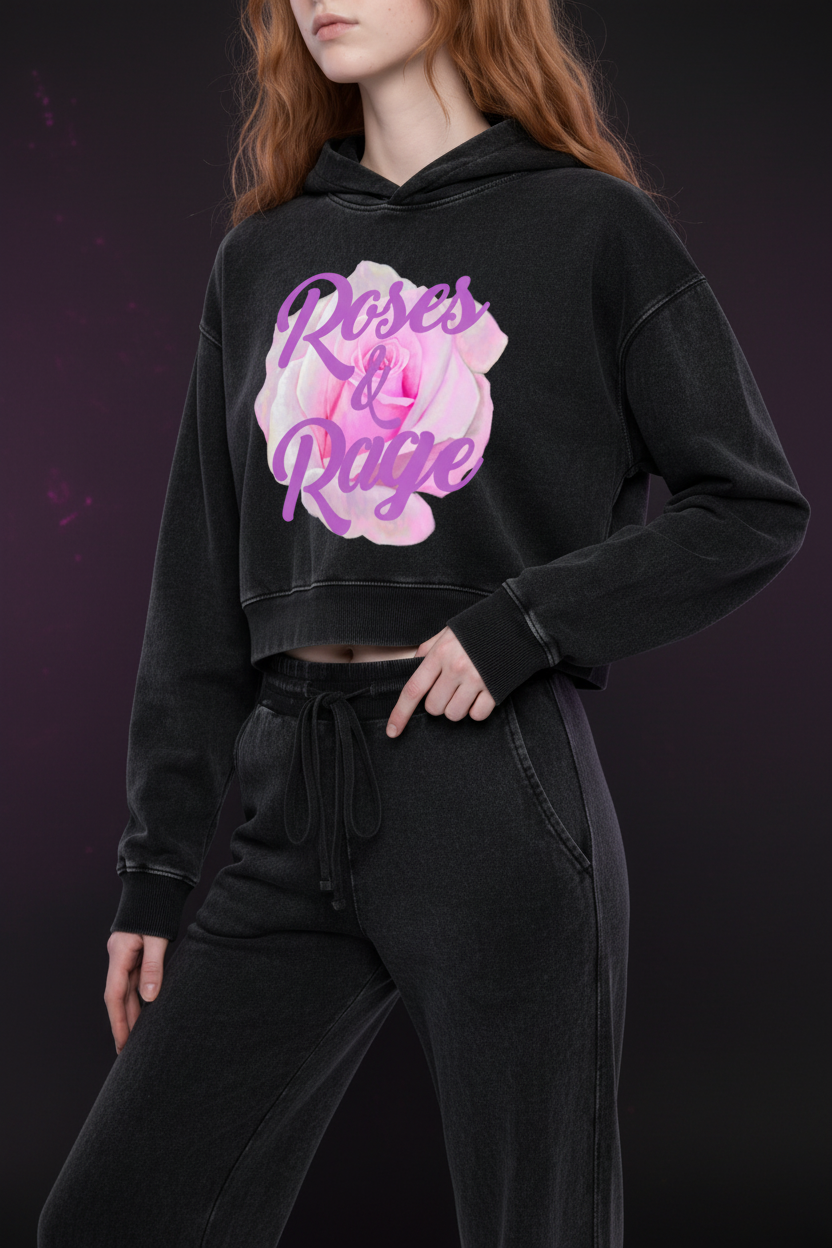 Model wearing Roses & Rage Cropped Hoodie in black vintage wash